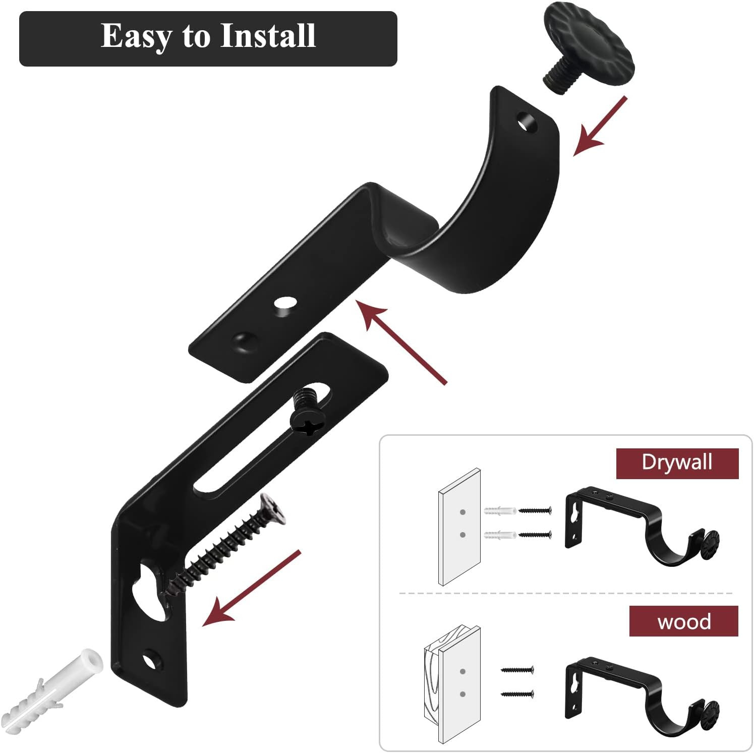 Adjustable Curtain Rod Bracket, Heavy Duty Curtain Rod Holders Black 4 Pack Curt