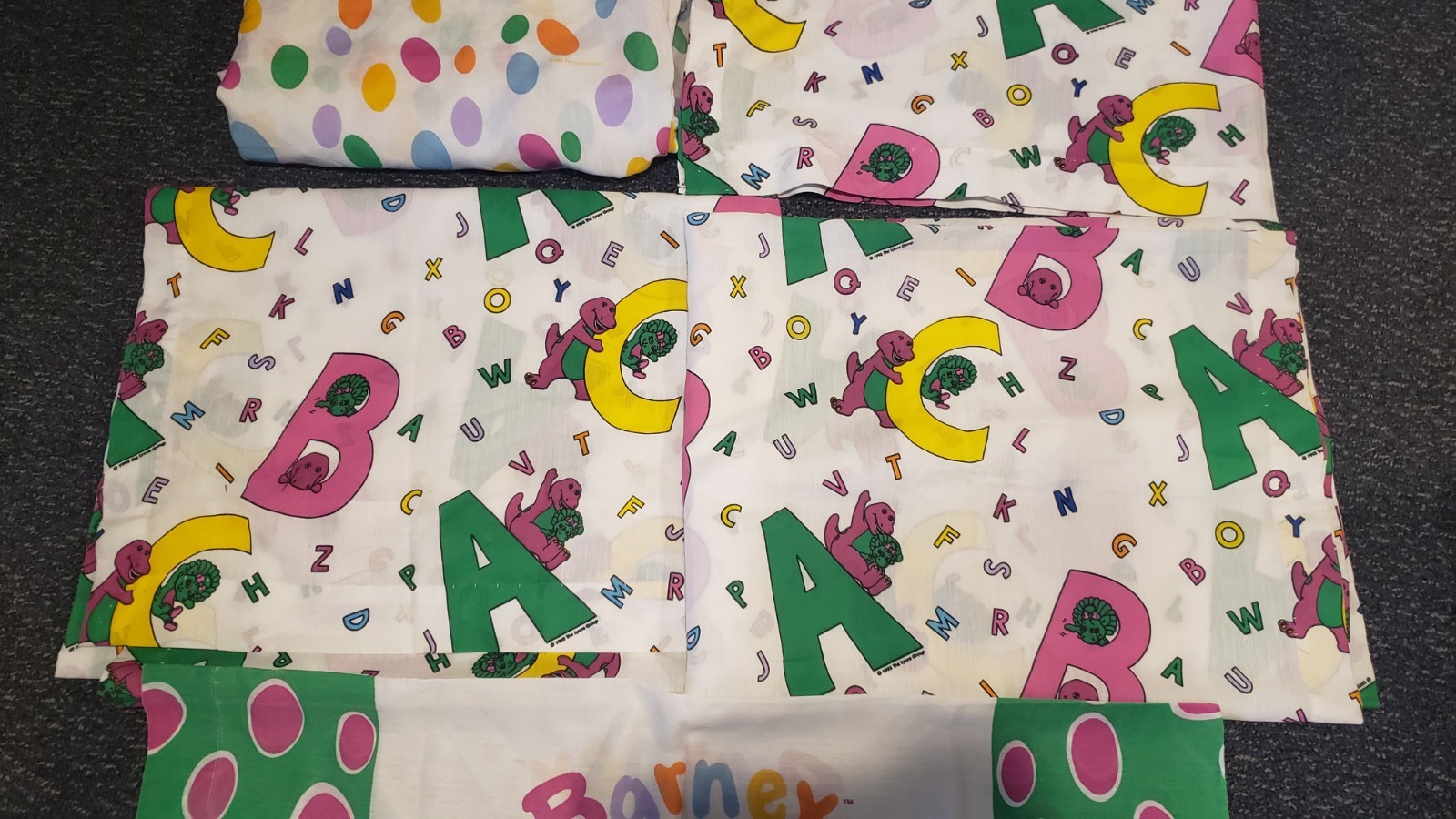 Vintage 1992 Barney Dinosaur Bed Sheets and 2 Curtains 1 Valances Rod Set