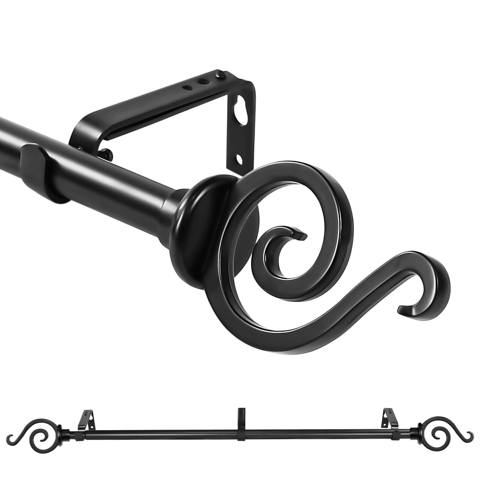 3/4″ Adjustable Scroll Finial Curtain Drapery Rod Set, 28″-48″/48″-84″/84″-120″