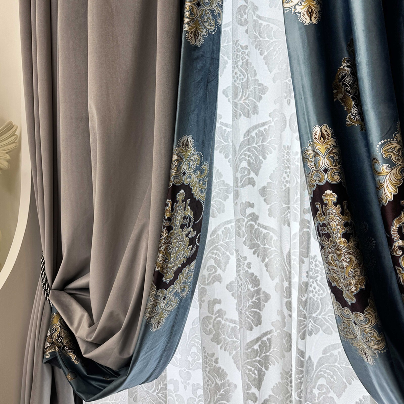 European elegant velvet splicing grey thick cloth curtain valance drape C2145