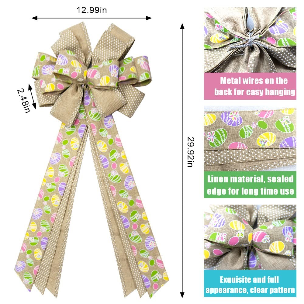 Large Easter Wreath Bows Front Door Flaxen Burlap Easter Eggs Spring Tree Topper