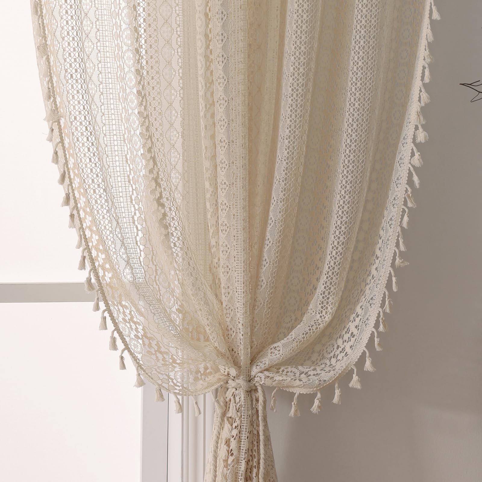 WAZZIO Boho Lace Curtains 45 Inches 2 Panel,Light Filtering Privacy Tassel & …