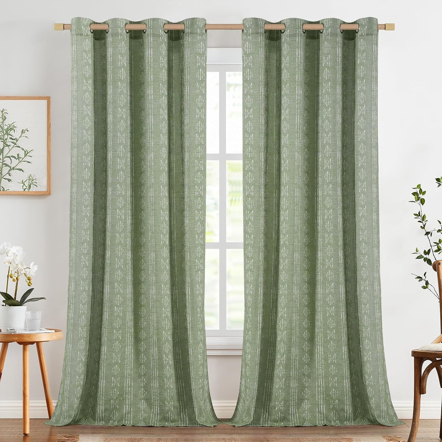 Jinchan 108” Curtains Sage Green Linen Blend Semi Sheer Boho Drapes 2 Panels Set