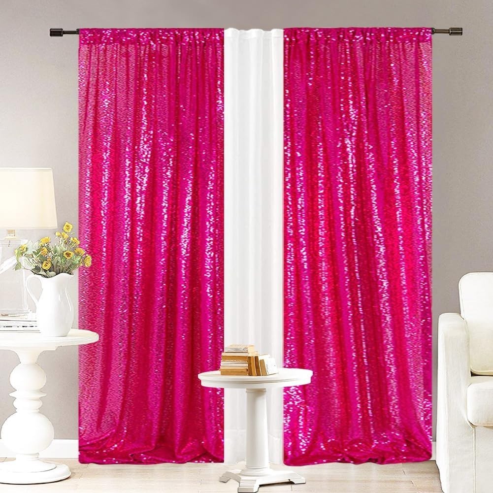 Hot Pink Shimmer Sequin Curtain Set – 2FTx8FT for Birthday, Wedding, Photography