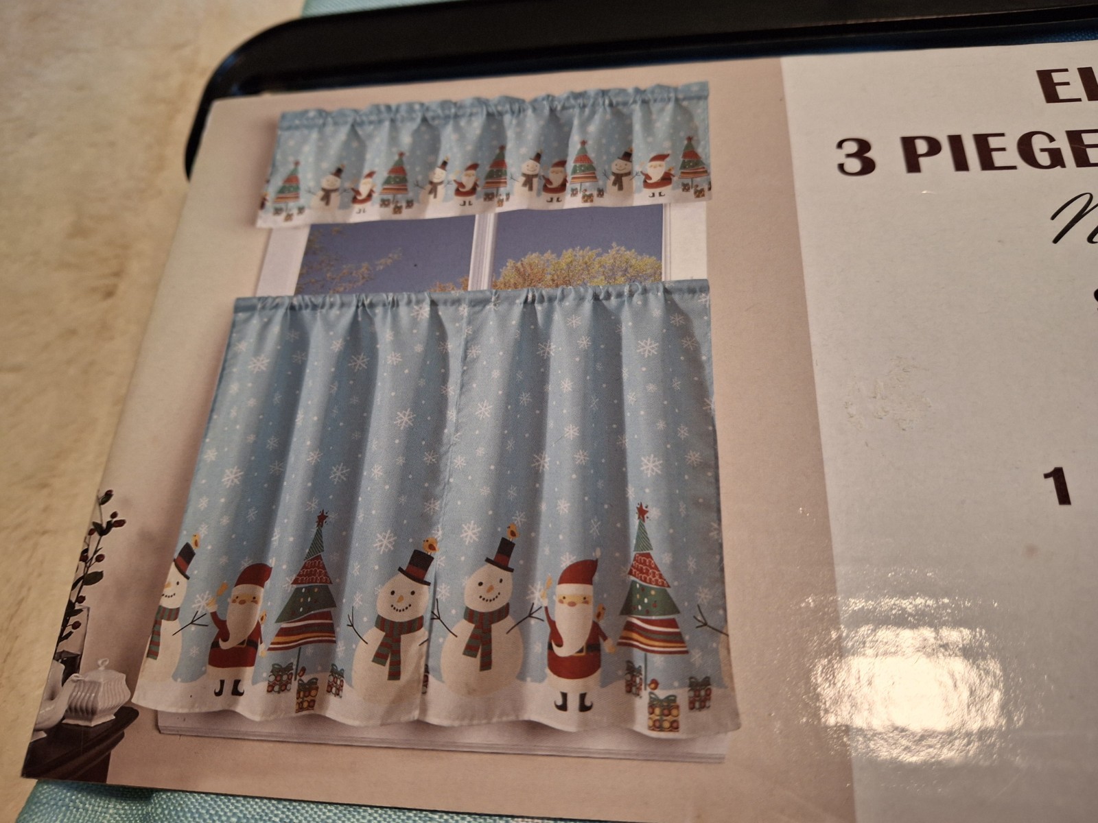 Christmas Kitchen Curtains 3 Piece Set Santa Snowman North Pole NWT