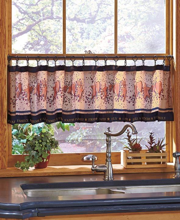 Primitive Hearts & Stars Window Valance & Hooks Country Berries Folk Art Decor
