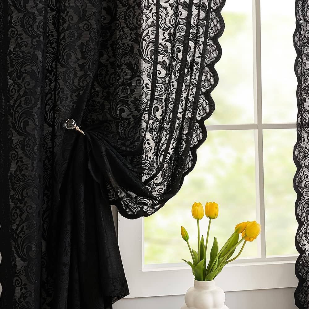 Black Lace Curtains 63 Inch Length Victorian Vintage Floral Sheer Curtain Pan…