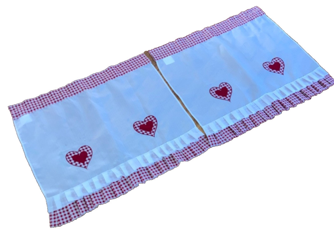 Farmhouse White Red Gingham Embroidered Heart Valance Set 26″ L X 28″ W