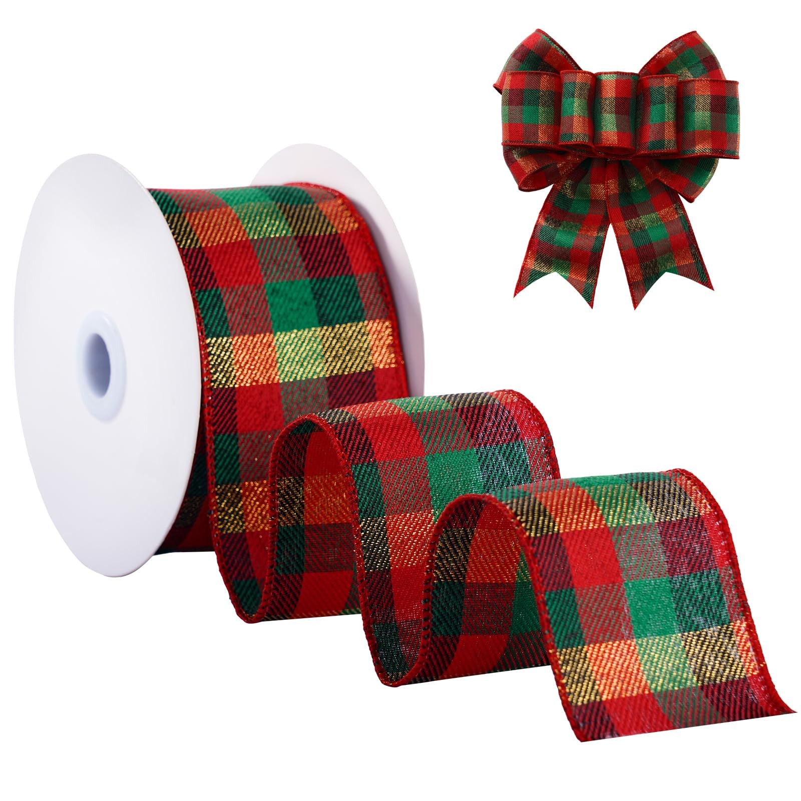 Christmas Wired Ribbon 2-1/2 inch x 10 Yards Gold Red and Green Gingham Buffa…