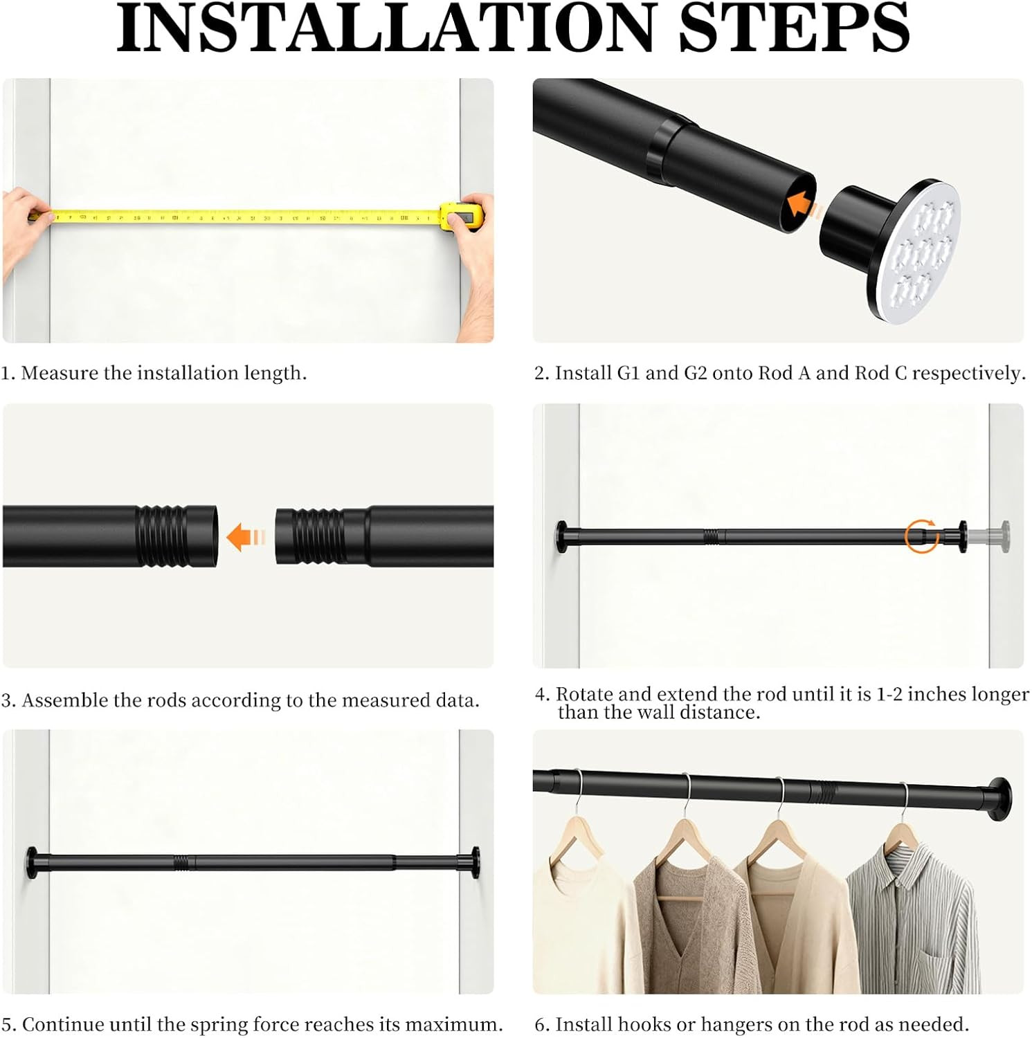 No Drilling Closet Rod Adjustable Black 28-98″ Heavy-Duty Tension Rods Hanging