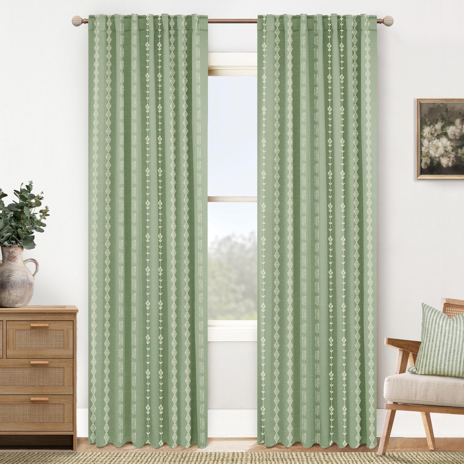 Lino Rosa Sage Green Botanical Patterned Curtains Boho Neutral Nursery Curtains