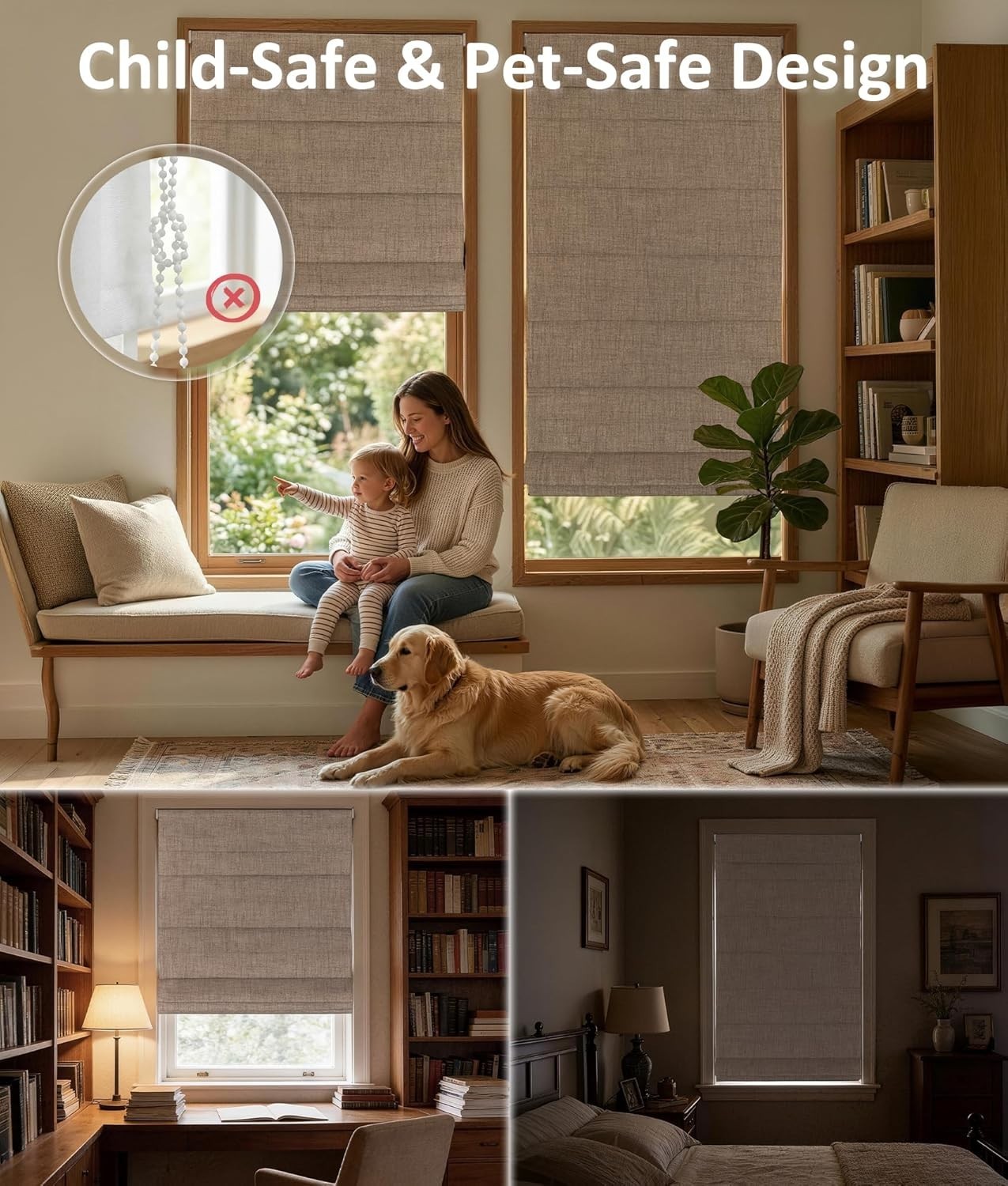 EINZUFUF No Drill Roman Shades, Blackout 39″ W x 64″ H, Beige inside mount only