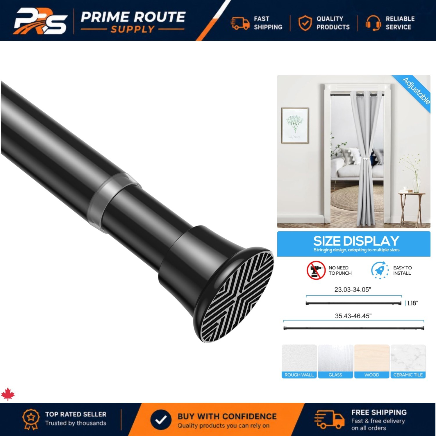 Rust-Resistant Spring Loaded Tension Curtain Rod 23-46in with Wall Protection