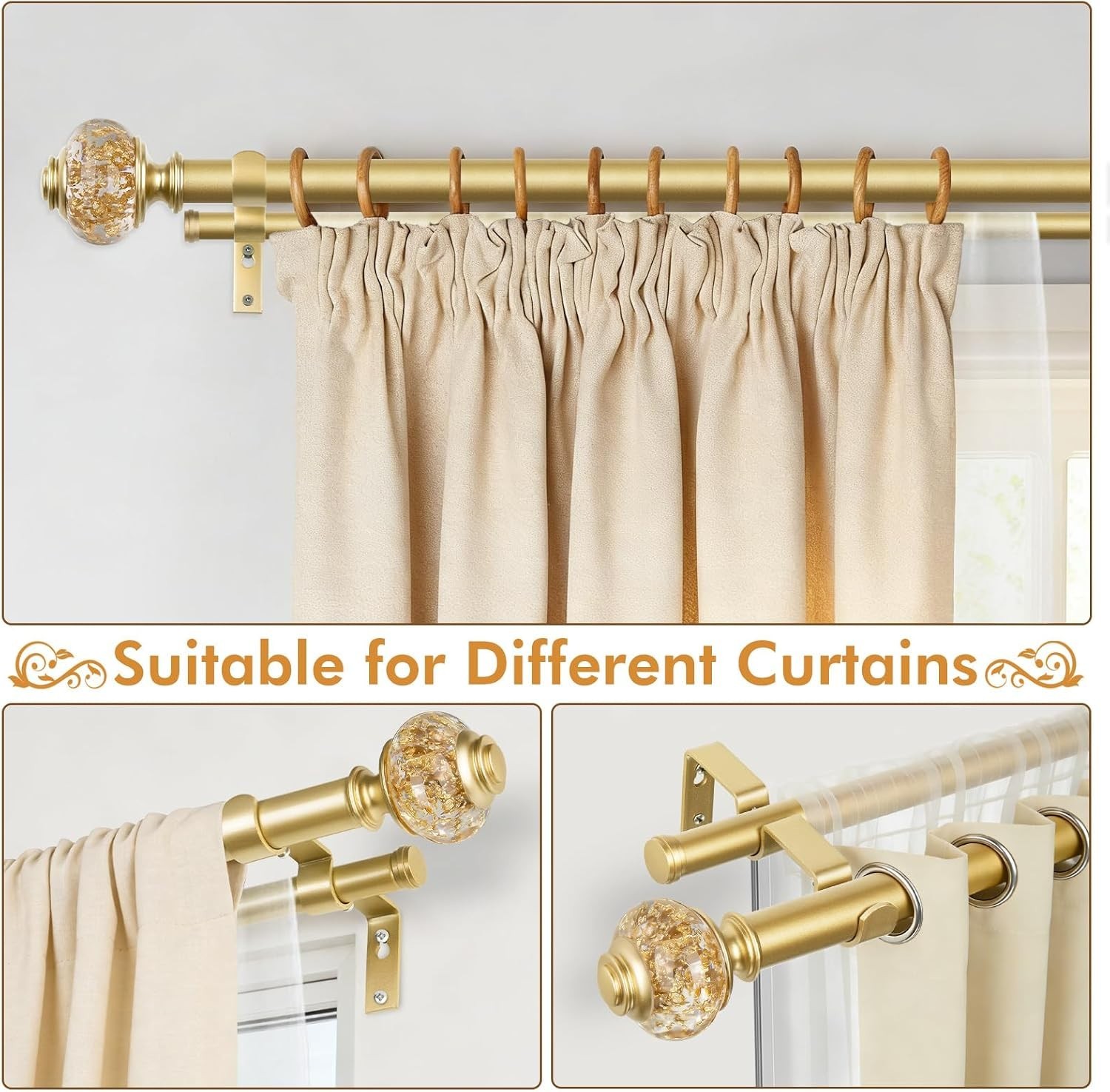 Luxury Gold Double Curtain Rods 36-72” with Crystal Finials, Eco-Friendly Design