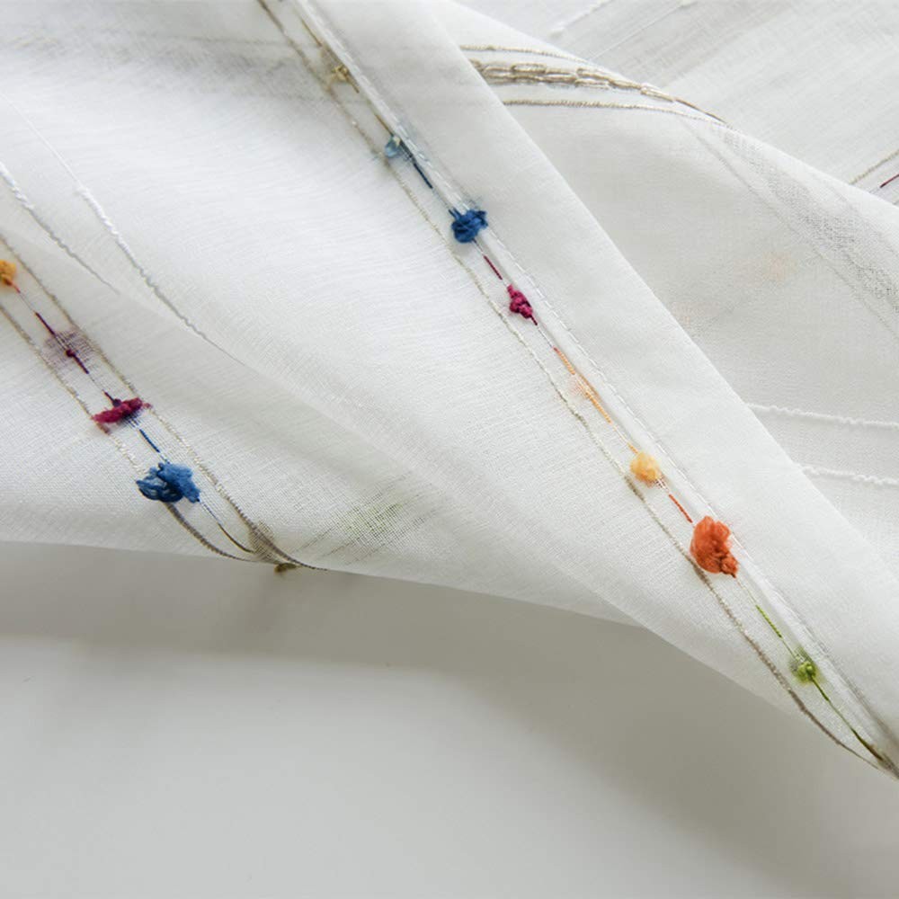 Faux Linen Stripe Pattern Sheer Curtains for Bedroom/Kids Embroidered Colorfu…