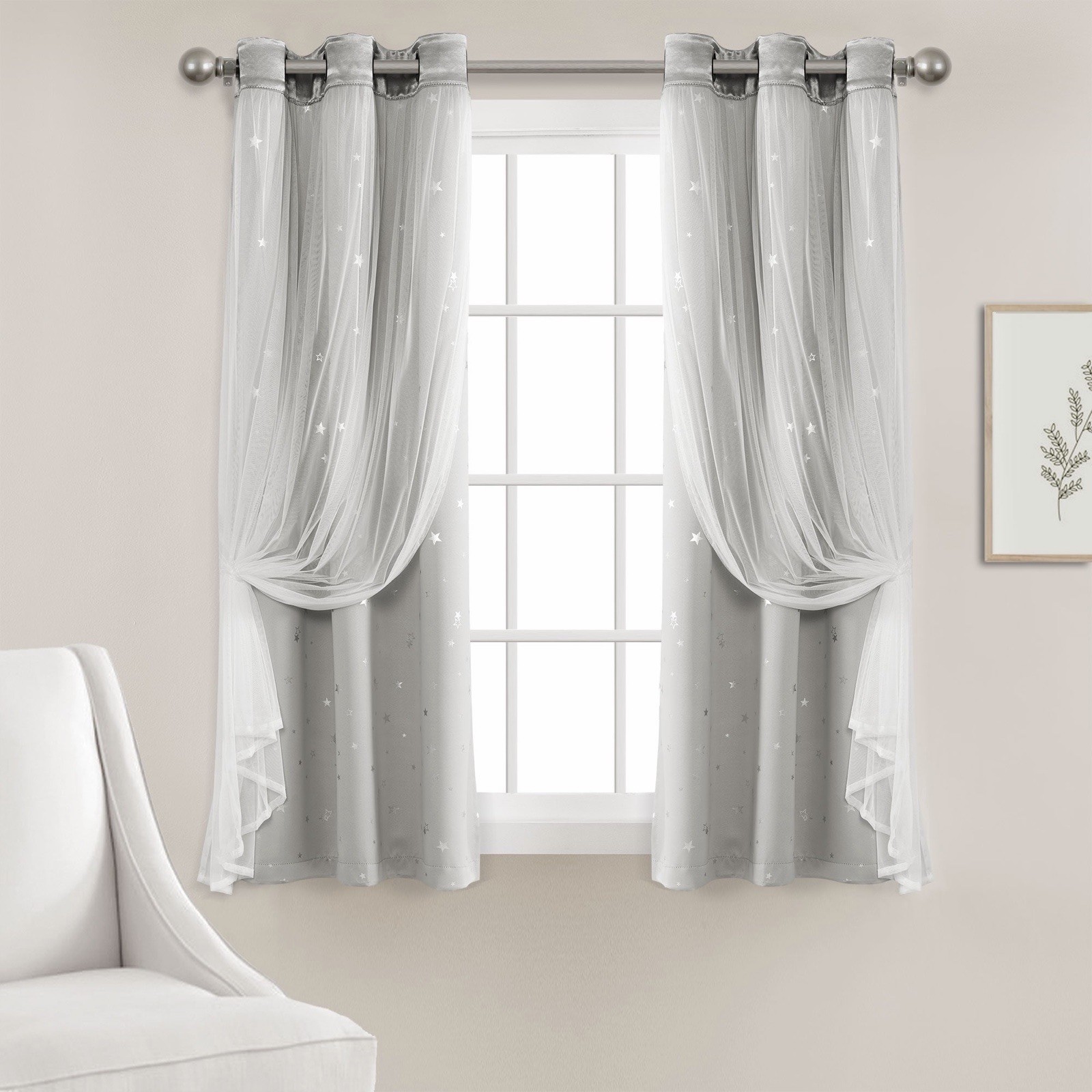 Lush Décor Kids Star Sheer Insulated Blackout Curtain Panel Set 38×63 Light Gray