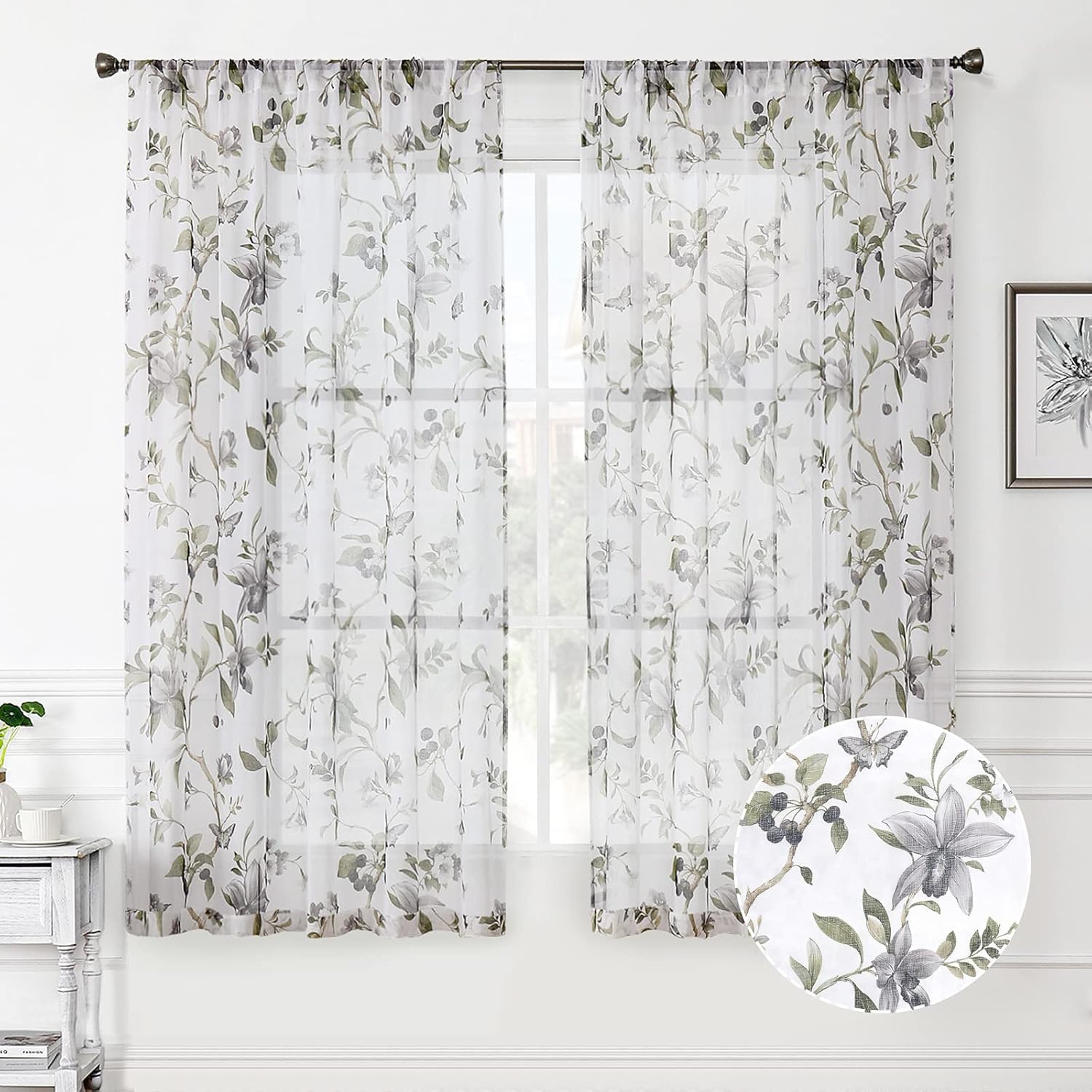 Floral Sheer Curtain Grey Cherry Flower Butterfly Print Living Room Curtains Rod