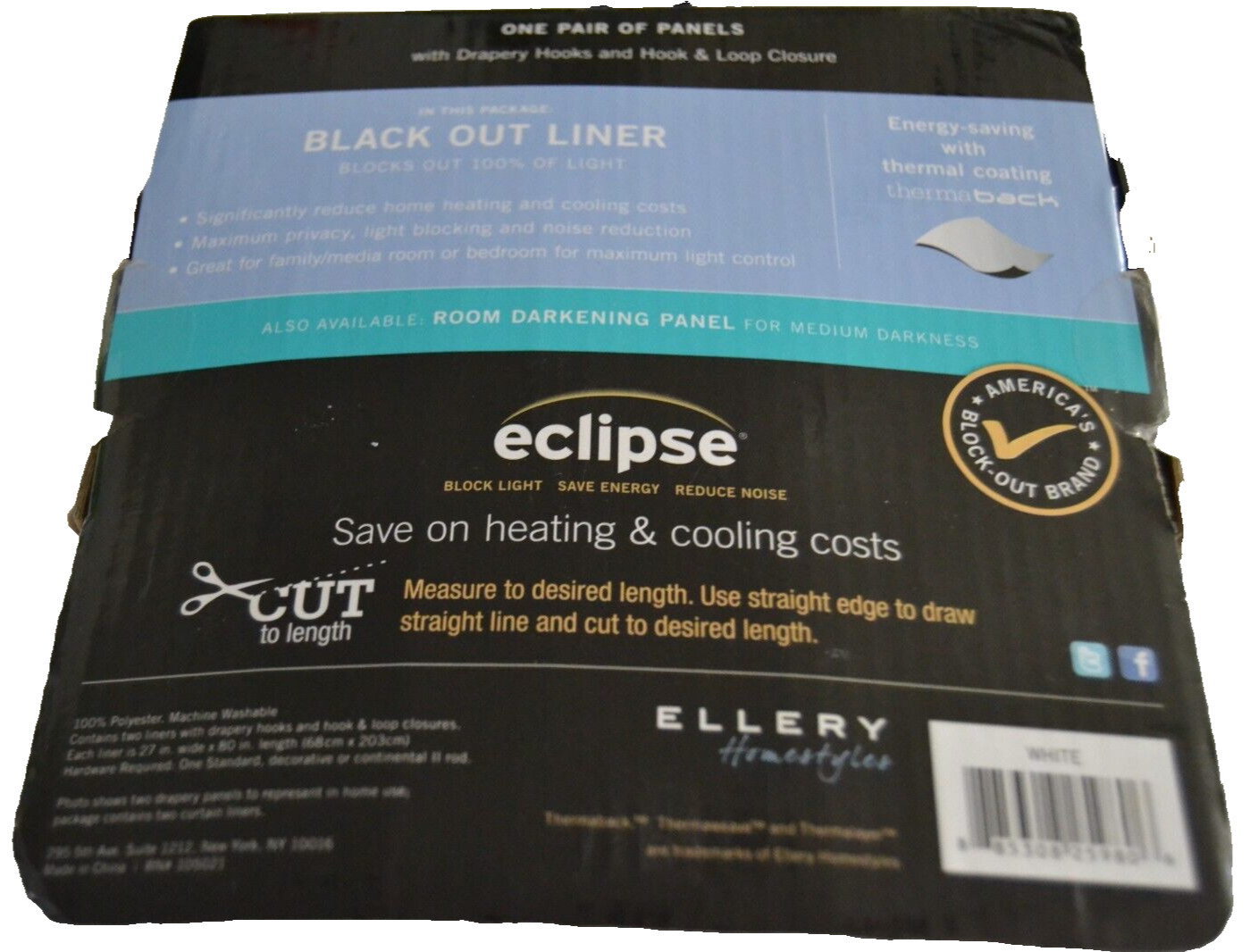 Eclipse 80 Inch Black Out Liner Panel 2 Panels 54″ x 80″ White NEW