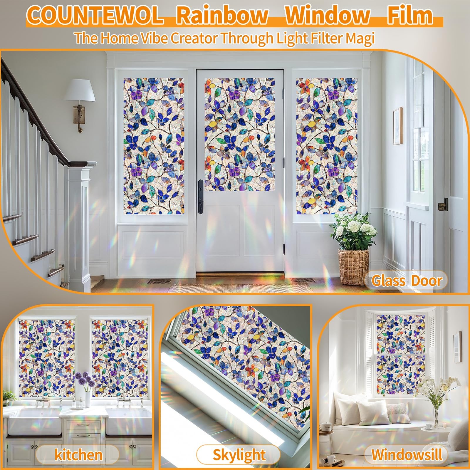 Colored Glass Window Film Decorative Leaf Privacy Static Cling 17.5 x 78.7in