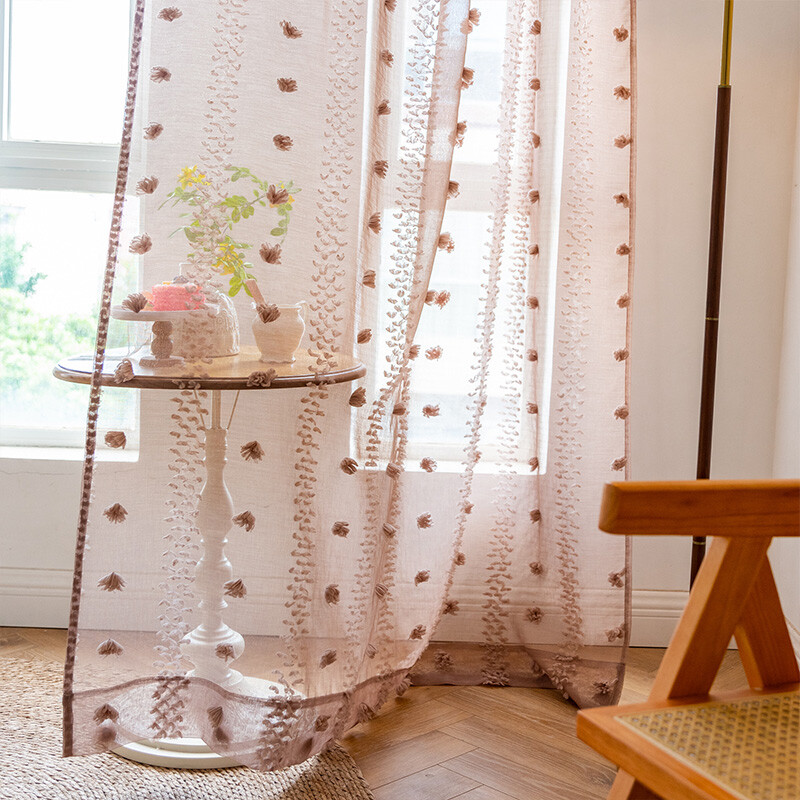 Bohemian Tufted Floral Curtains Moroccan Living Room Bedroom Sheer Tulle Curtain