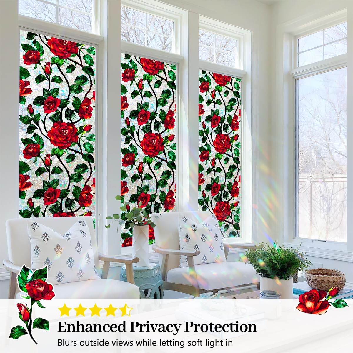 Stained Glass Window Film 29.5 x 78.7 in, Red Rose Floral Decorative Window P…