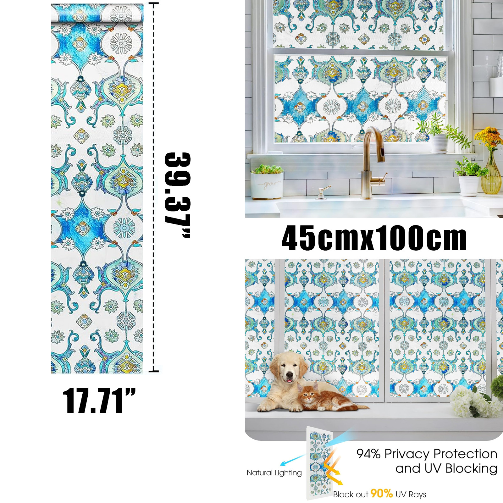 Privacy Film Static Cling Stained Glass Window Film Decorative 17.7×39.4 Inch