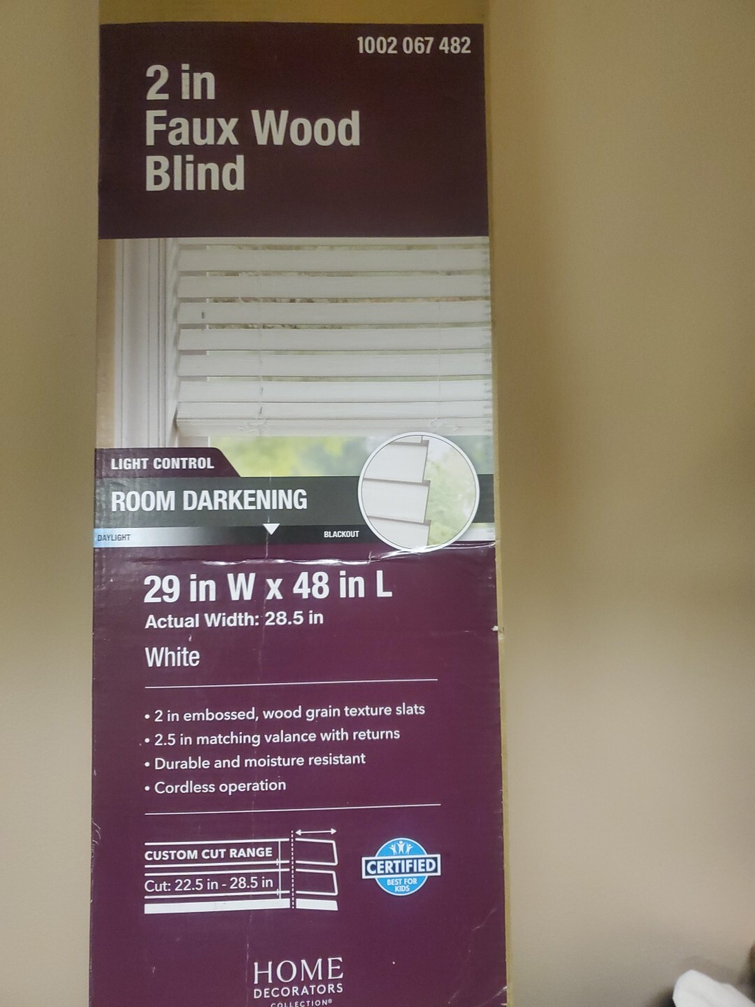 29″ X 48″ Home Decorators White Cordless 2″ Premium Faux Wood Blinds