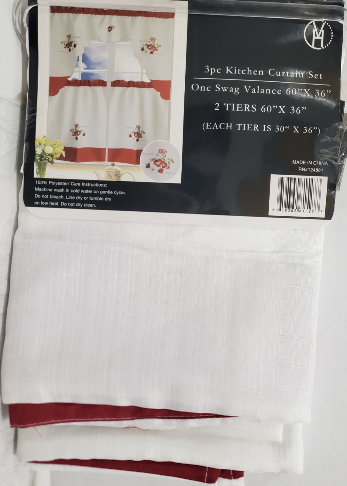 3pc. Embroidery Curtains Set: 2 Tiers & Swag (60″x36″) STRAWBERRIES, SISERA, VH