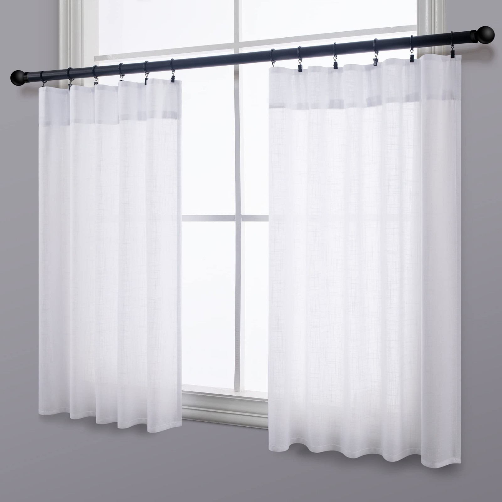 White Linen Textured Kitchen Curtains – 24″ Tier Cafe Curtains, 2 Pcs, Sheer Sho