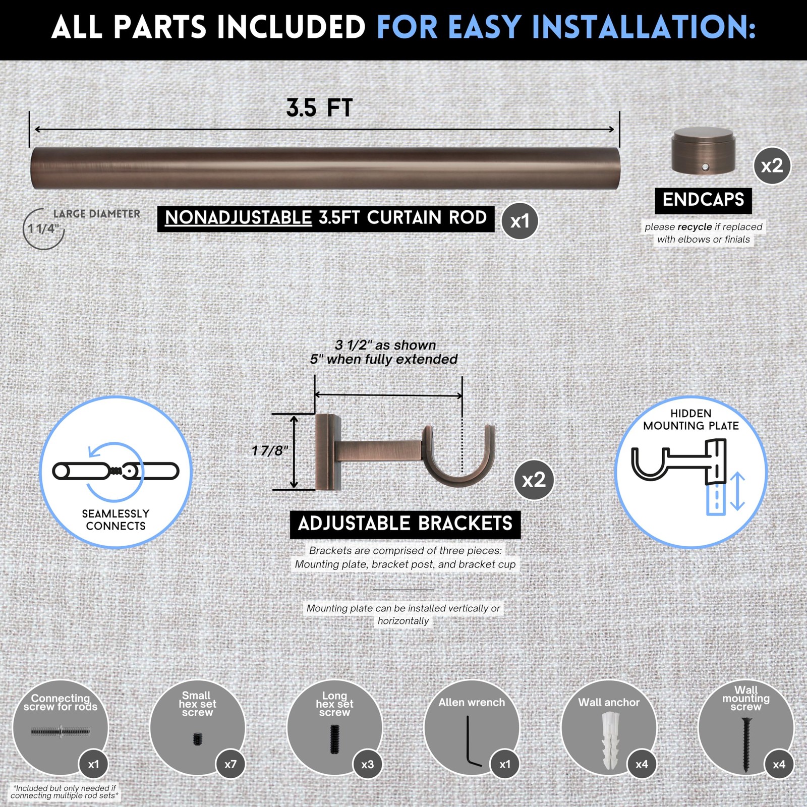 BlastHome® Non-Adjustable Luxury Curtain Rods 3 1/2 foot, Oil Rubbed Bronze