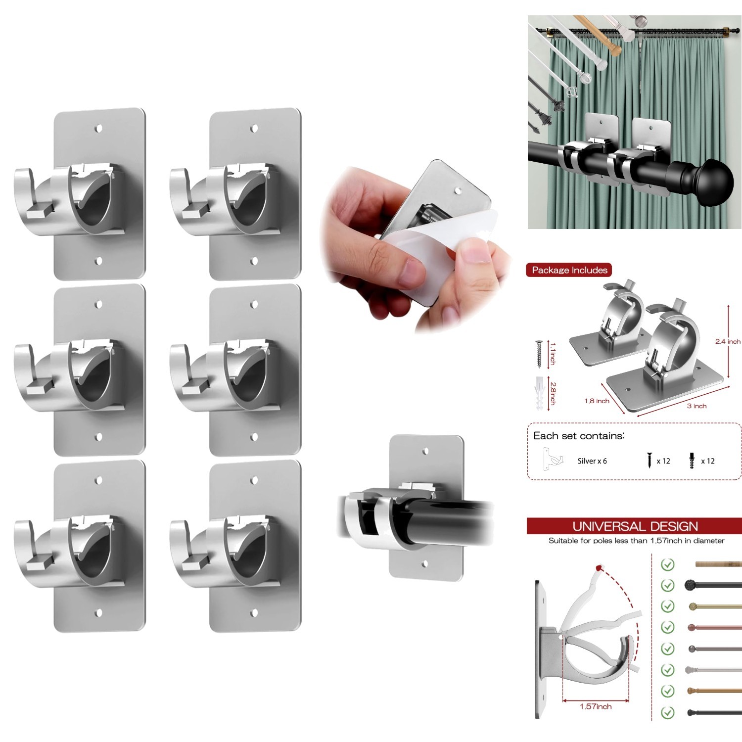 6 PCS No Drill Self-Adhesive Curtain Brackets – Elegant Silver Plastic Holders