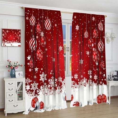 Christmas Window Curtains, Red Xmas Ornaments 20.5″W x 45″L (Pack of 2) Xmas-5