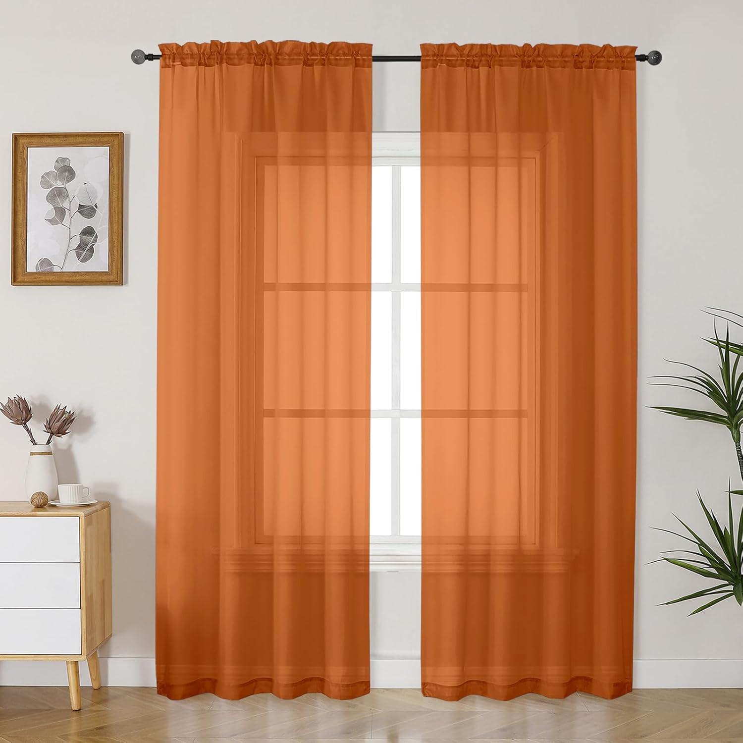 Burnt Orange Sheer Curtains 84 Inches Long 2 Panels Set for Living Room, Light F