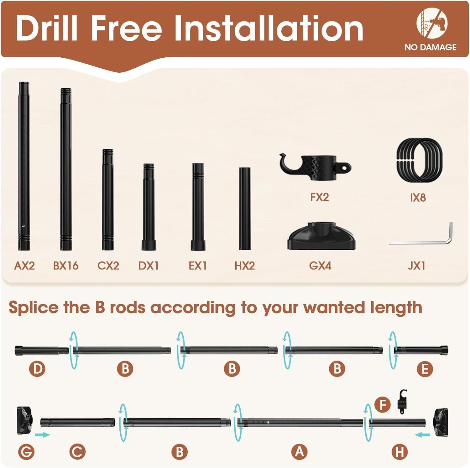 Room Divider Curtain Rod No Drill Adjustable Heavy Duty Tension Wall Separator