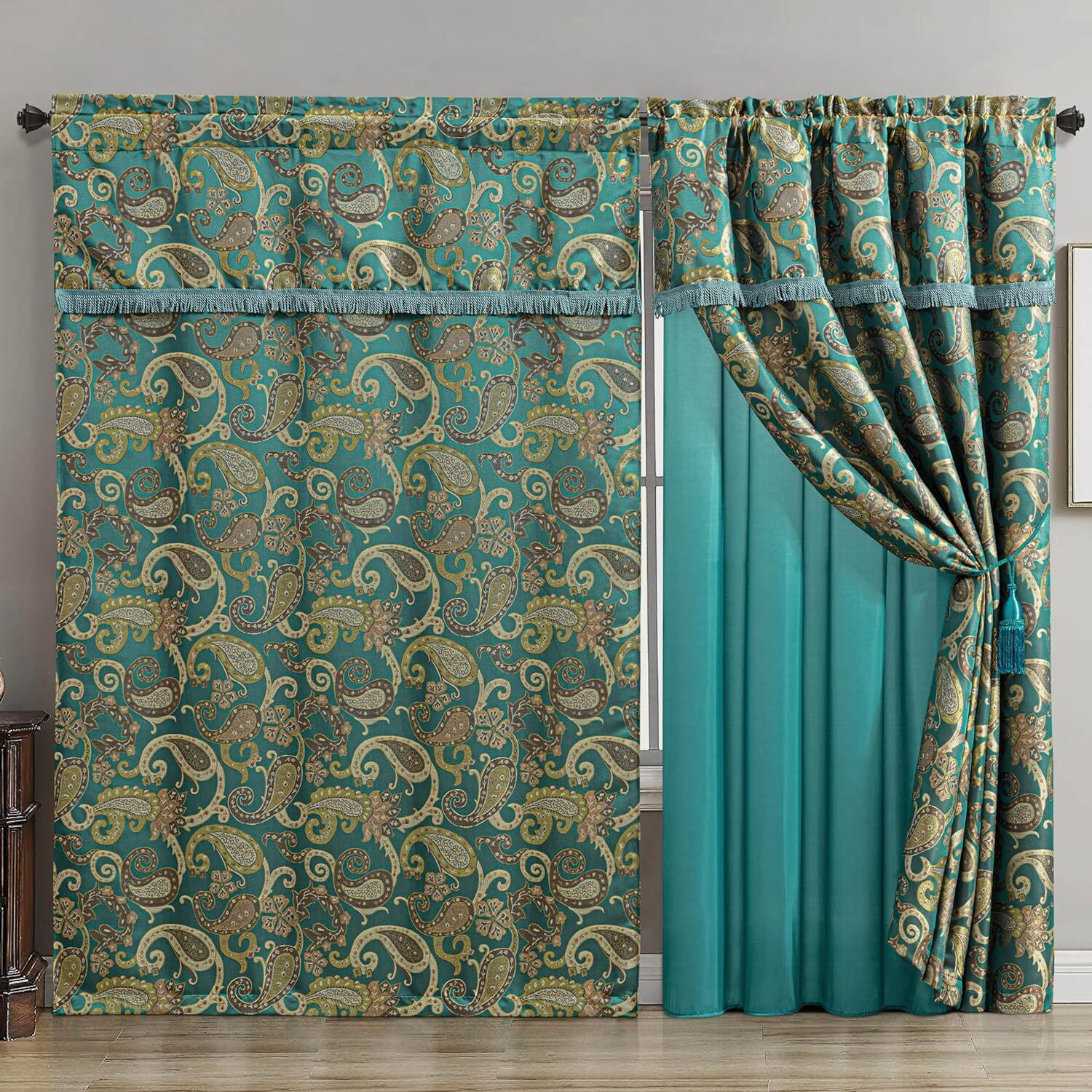 Chezmoi Collection 4-Piece Jacquard Window Curtain Drape Set w/Valance & Backing