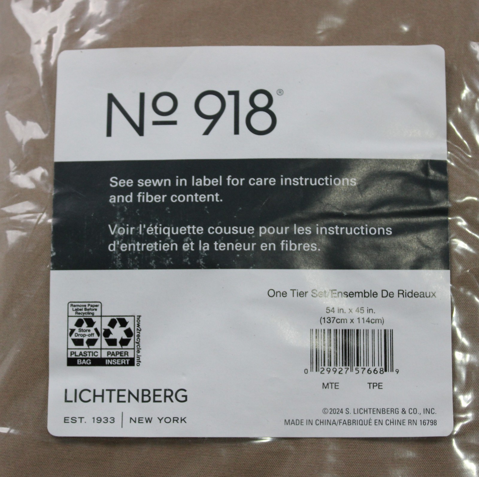 No. 918 Martine Microfiber Semi-Sheer One Tier Curtain Set CG2 Taupe 54″X45″ NWT