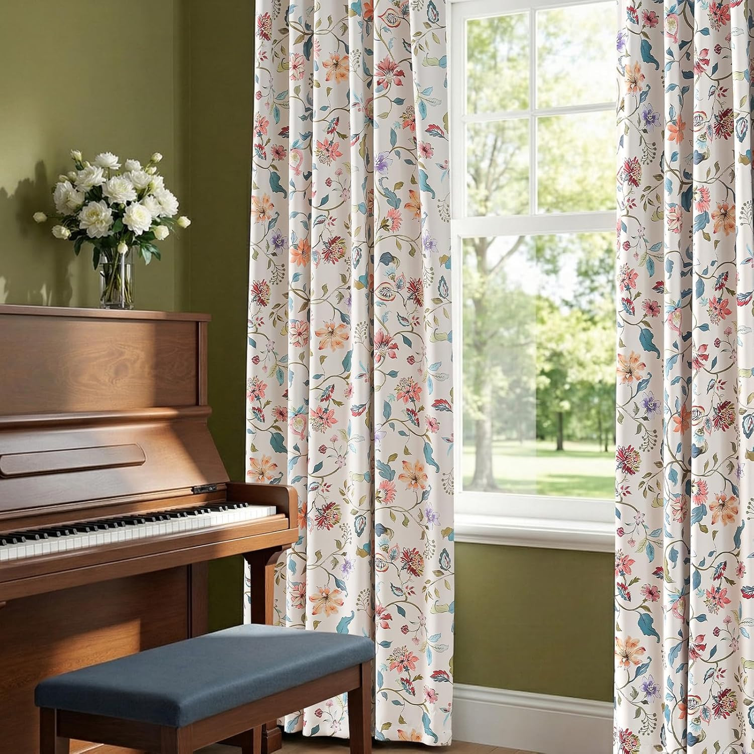 Hattie 95% Blackout Curtains Beige Floral Curtains 84 Inch Length Cream Drapes f