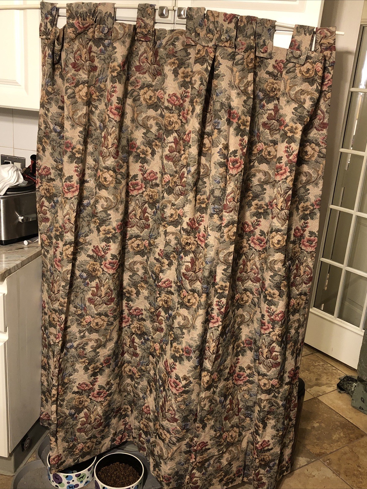 Pair Of Vintage Victorian 52X 64Tapestry Floral Curtain Panels Tab Button Top 64