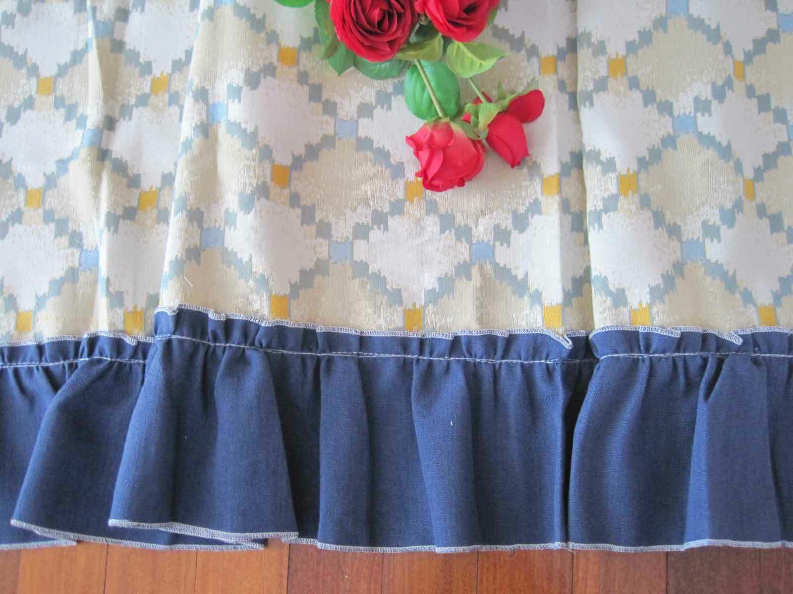 Euro Style Chic Diamond Design Elegant Wide Blue Frill Border Café Curtain