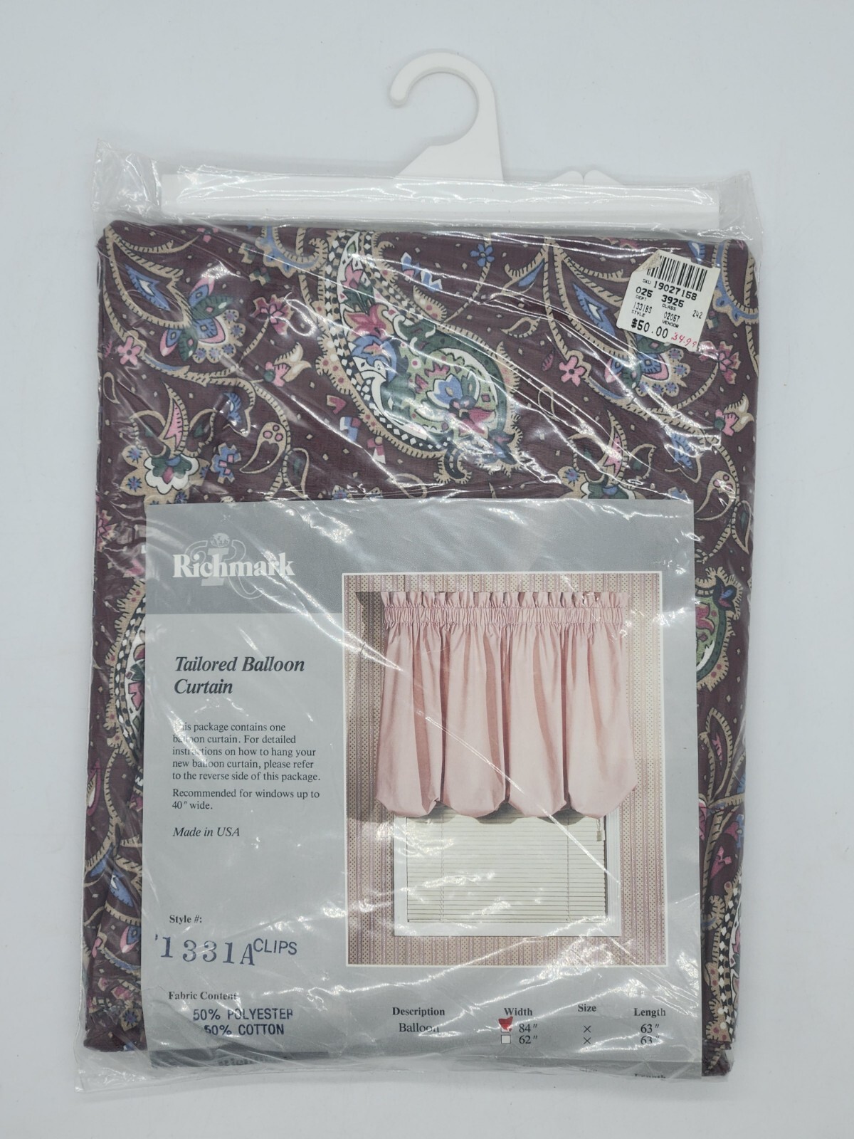 Richmark Tailored Balloon Curtain Paisley Maroon 84” x 63” and Clips Made In USA