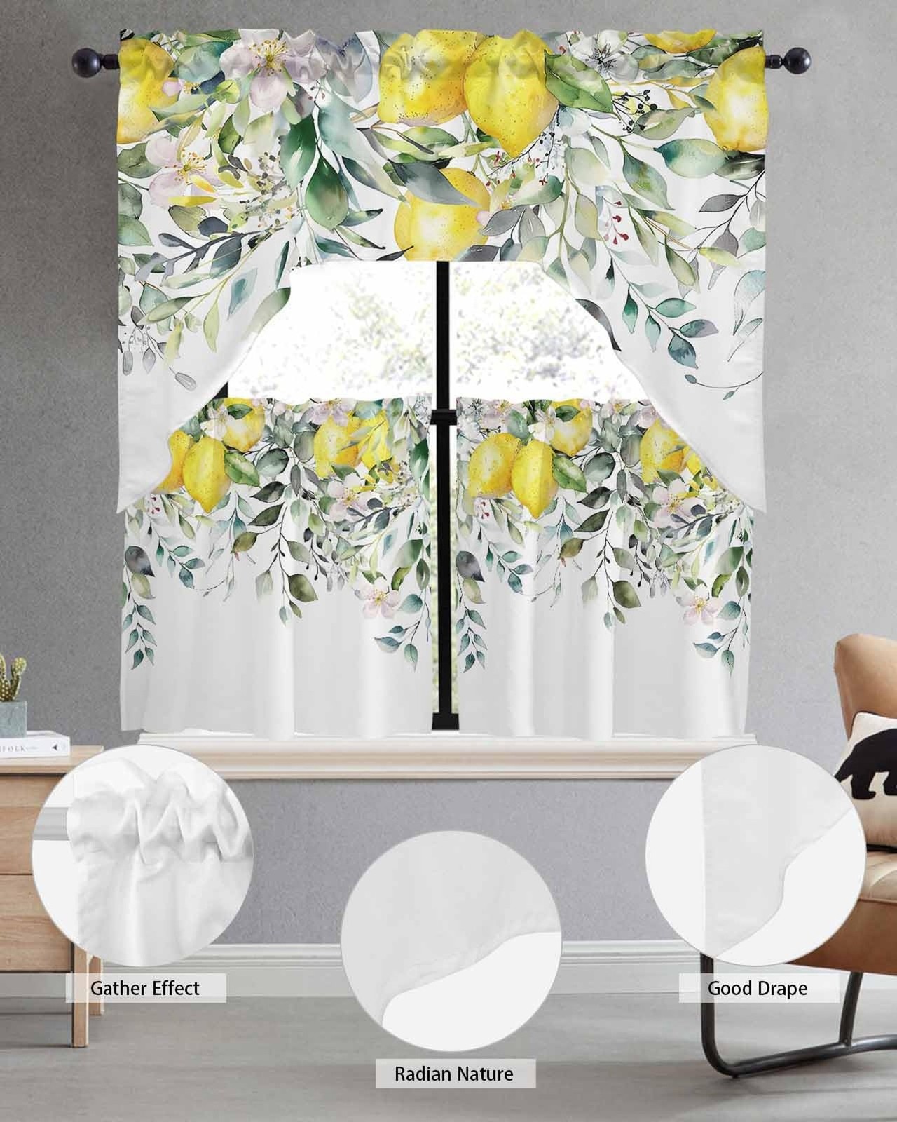 Kitchen Curtains Sets 24 Inch Length with Valance, Lemon Floral Nature Design…
