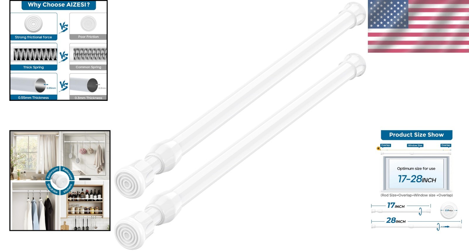 Versatile Non-Slip Spring Tension Rods, 17-28 Inches, for Multiple Uses – 2 Pack