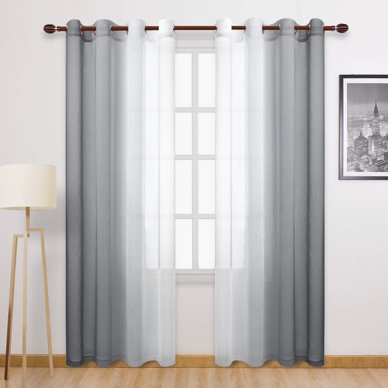Grey Faux Linen Ombre Sheer Curtains – Semi Voile Gradient Grommet Top Curtai…