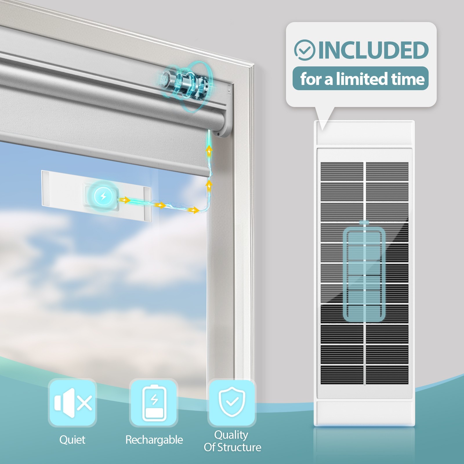 Motorized Roller Blinds with Remote Control【Solar Panel Included】total blackout