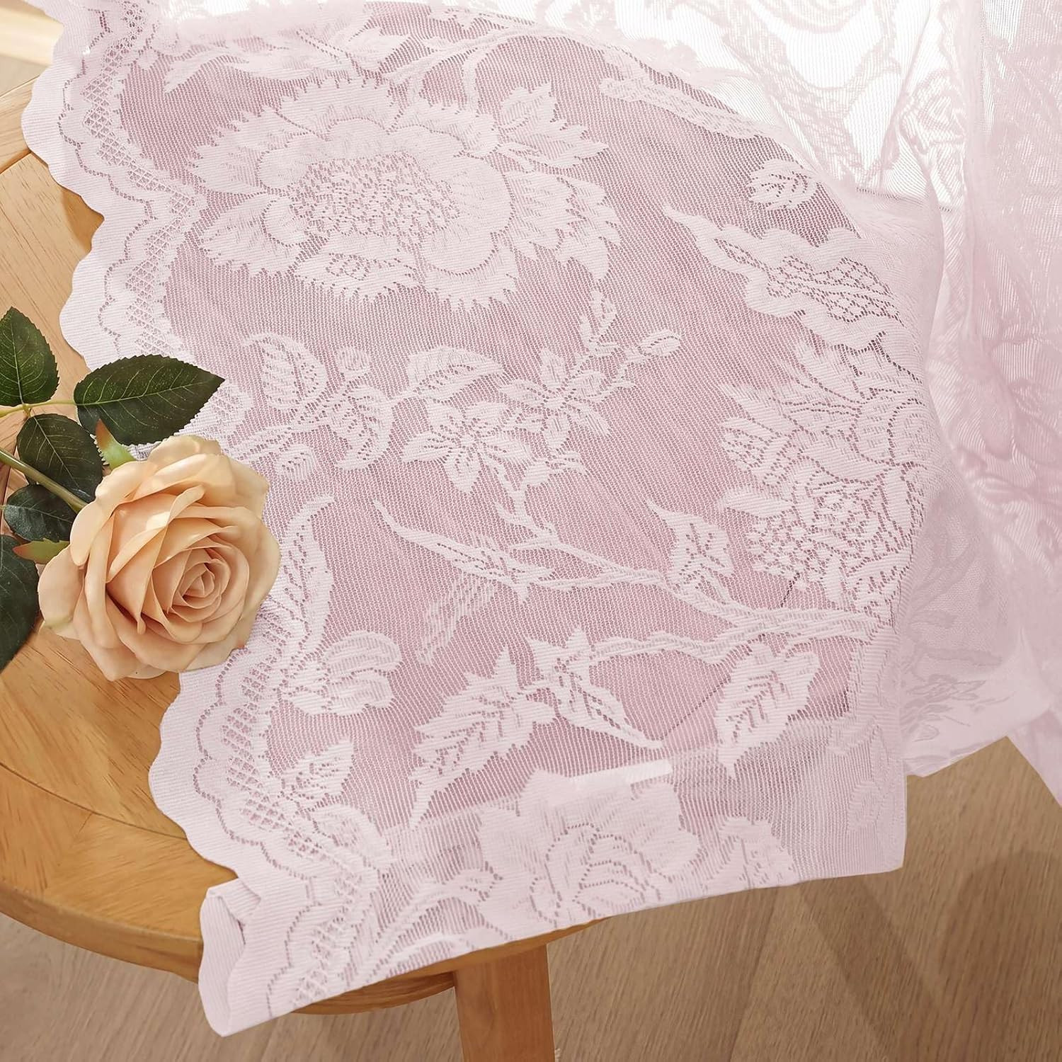 H.VERSAILTEX Light Pink Lace Curtains 54 Inch Length 2 Panels Set Rod Pocket, Fr
