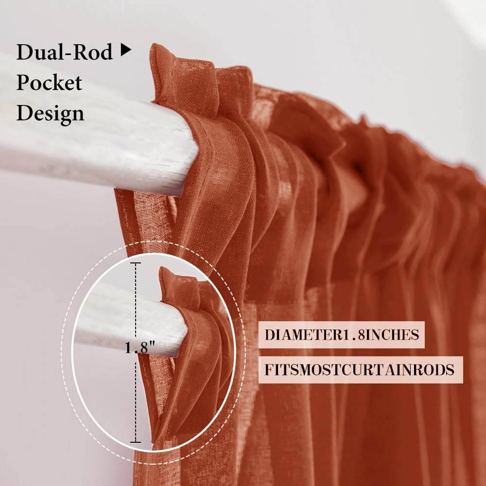Boho Fall Terracotta Linen Textured Sheer Curtains 54W×84L 2 Panels