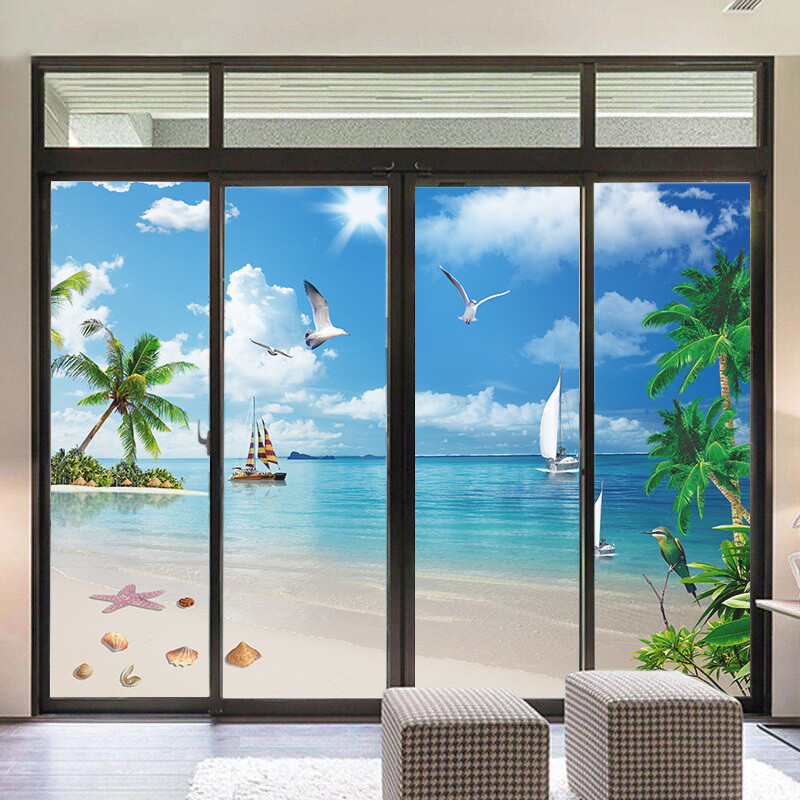 Privacy Windows Film Decoration Beautiful Beach Stained Glass Stickers Decors