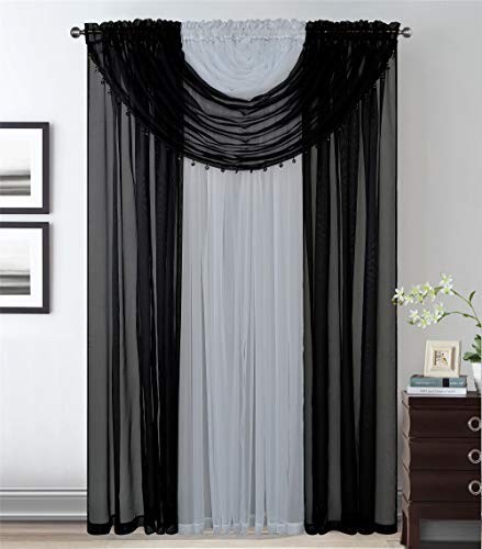4 Panels with Attached Valances All-in-One Black White Sheer Rod Black/White