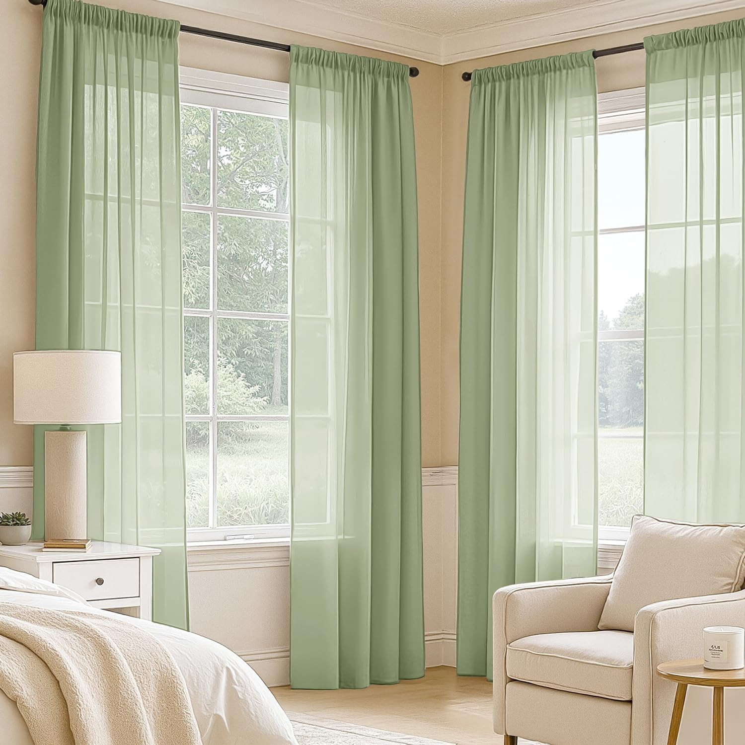 MIULEE Sage Green Sheer Curtains 84 Inches Long, 4 Panels Set, Light Filtering R
