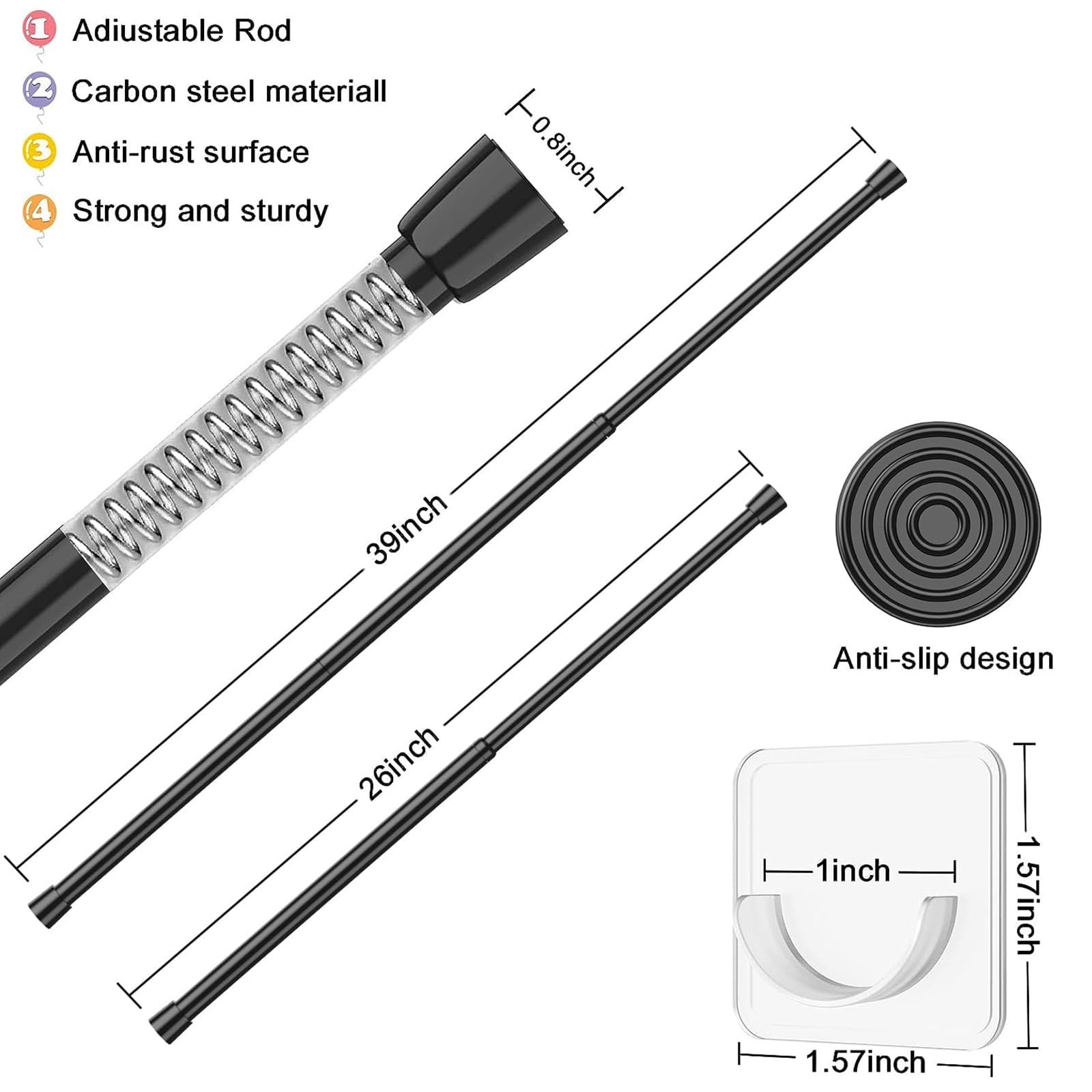 2 Pack Tension Rods Spring Tension Curtain Rod, 26 to 39 Inch Adjustable Blac